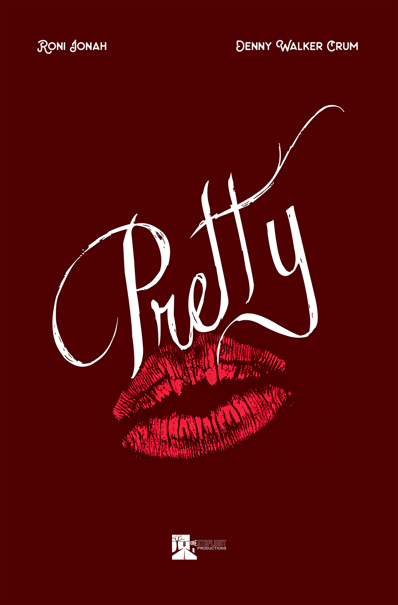 Poster for the short film Pretty.  Has a red lipstick imprint on a dark red background.  The word Pretty is written in a roughly drawn script above.